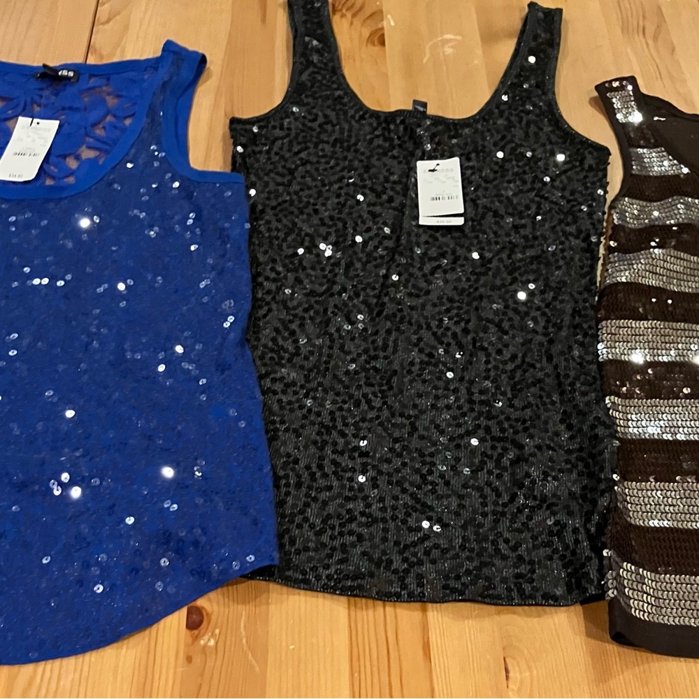 3 Shiny Tanks Size XS & Small Express Sequin blue, black & NWT Tank & Forever 21 - Picture 2 of 13
